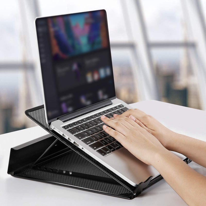 DESIGNA حامل لابتوب قابل للتعديل من DESIGNA مع شبكة معدنية مهوّاة - حامل كمبيوتر محمول متوافق مع Apple MacBook Air Pro Dell XPS HP Samsung Lenovo والمزيد من اللابتوبات حتى 19 بوصة - أسود - Image 2